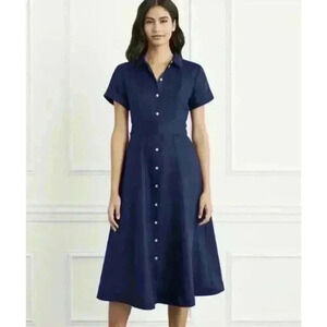 Hill House Lily Midi Dress Linen Navy Blue Fit & Flare Shirt Dress XXS 2XS NWT